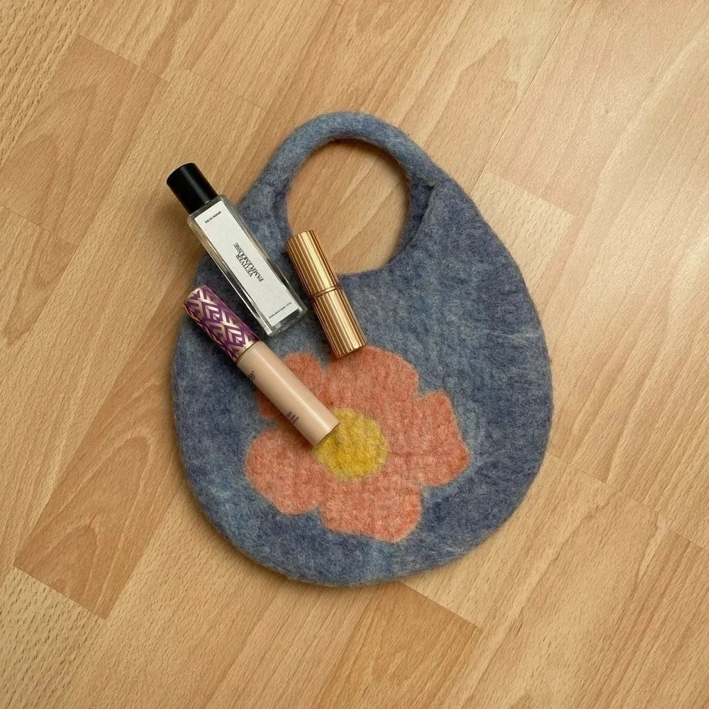 Vintage - Blue Floral Handmade Boho Flower Power Felted Handbag